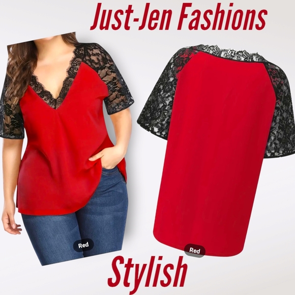 Women's Plus Size Red and Black Floral Jacquard Contrast Lace Casual Top💖 - Picture 2 of 12